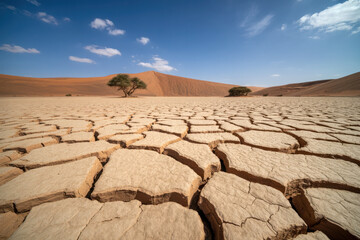Obraz premium Cracked dry earth in a vast desert landscape under a bright blue sky with scattered clouds