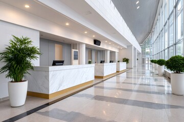 Modern hotel lobby with empty reception desks showcasing hospitality design