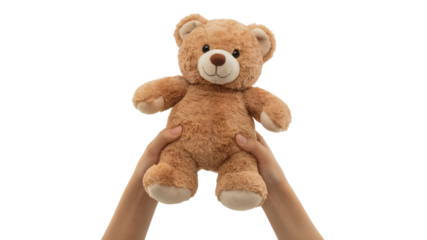 soft brown teddy bear held up high by two hands. Isolated on transparent background, png