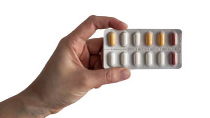  hand holding a blister pack of pills . Isolated on transparent background, png