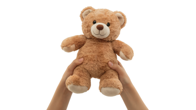  soft brown teddy bear held up high by two hands. Isolated on transparent background, png