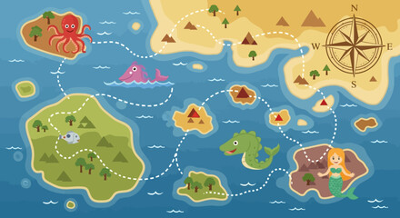 Colorful Cartoon Treasure Map with Islands and Sea Creatures.