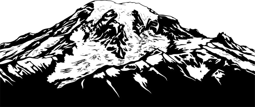 Mt rainier silhouette. This image highlights a bold black silhouette of Mount Rainier with its sharp peaks and snow-covered contours. Vector black clipart illustration design