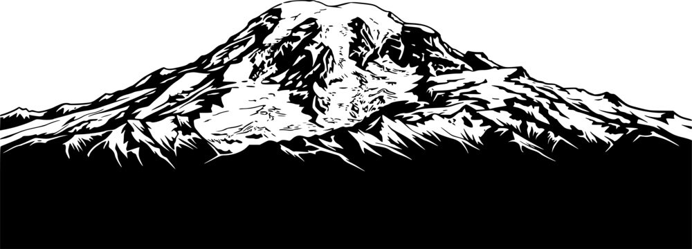 Mt rainier silhouette. This image highlights a bold black silhouette of Mount Rainier with its sharp peaks and snow-covered contours. Vector black clipart illustration design