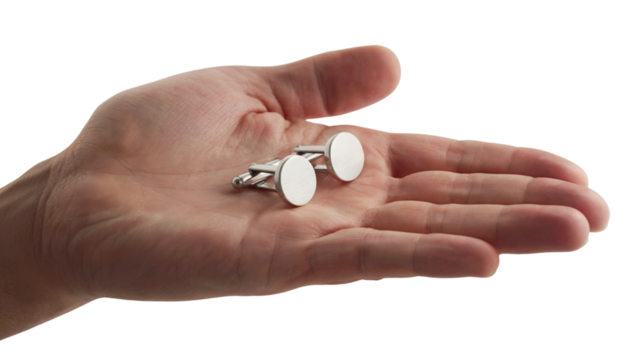  person's hand holding a pair of cufflinks. Isolated on transparent background, png - Powered by Adobe