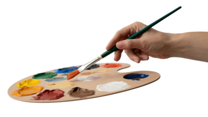 artist's hand holding a paintbrush over a wooden palette with various paints. Isolated on transparent background, png