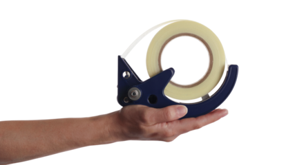 Hand holding tape dispenser with tape roll. Isolated on transparent background, png