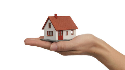  hand holding a miniature house, symbolizing home ownership and real estate. Isolated on transparent background, png