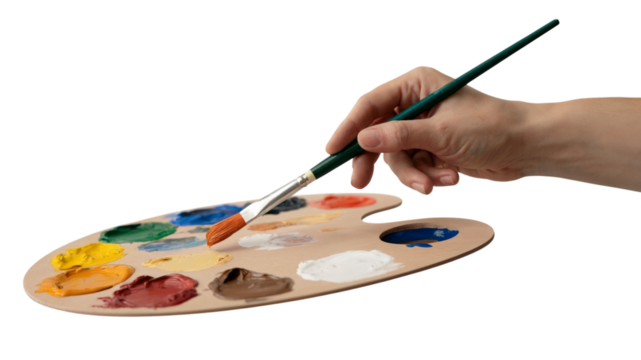 artist's hand holding a paintbrush over a wooden palette with various paints. Isolated on transparent background, png