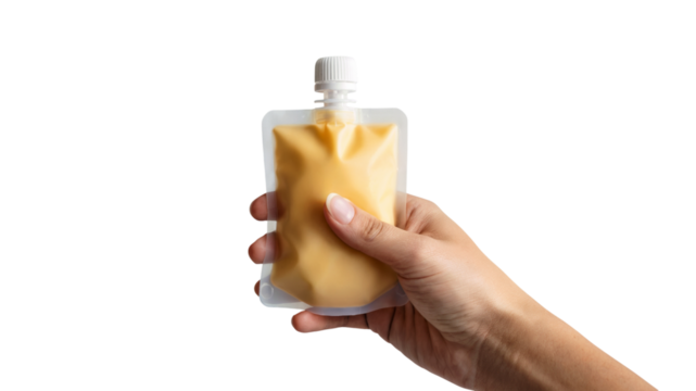  hand holding a pouch of yellow food. Isolated on transparent background, png