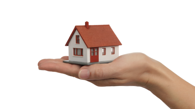  hand holding a miniature house, symbolizing home ownership and real estate. Isolated on transparent background, png