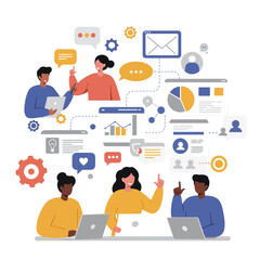 Marketing team discussing social media strategy with icons and charts, flat clean illustration