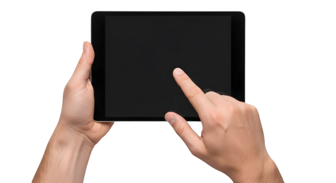 Person's hands hold a digital tablet with black screen, for product staging, mockup, or presentation.