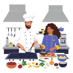 Chef and assistant cooking together in a professional kitchen, modern flat illustration