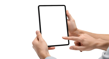White, black, and skin-toned image shows hands holding a blank tablet. Focus is on the screen for product photography, UI/UX design, or social media templates.