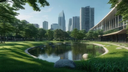 Obraz premium Urban park with pond and city skyline