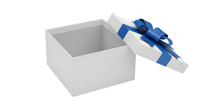 White box with blue ribbon presents a clean, modern look against a black background. Great for product staging, branding, or social media posts.