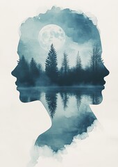 A double exposure illustration of a girl and a lake with trees in the background on white paper