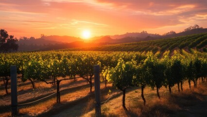 Vineyard landscape at sunset with rolling hills