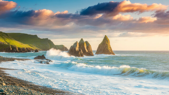 Dramatic ocean waves crash against rugged sea stacks at sunset with colorful clouds
