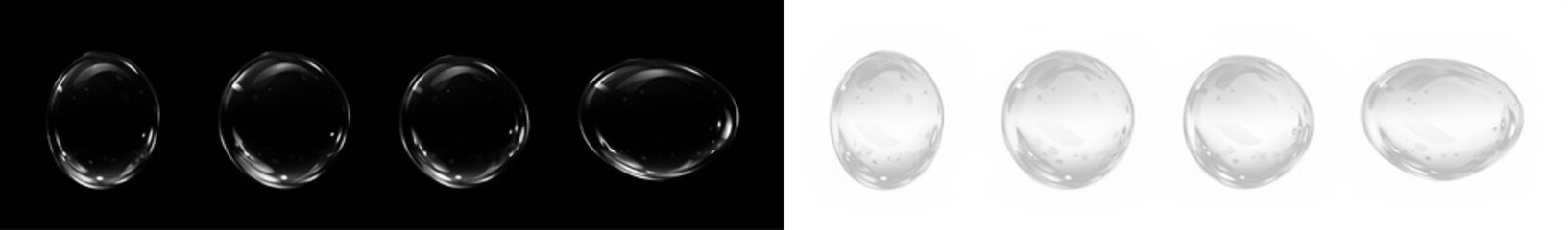 Transparent water droplets overlay on black and white backgrounds, creating a visually striking...