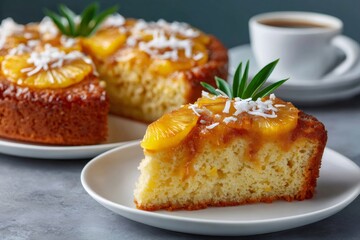 Slice of pineapple upside-down cake with coconut and coffee