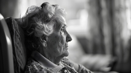 Profile portrait of an elderly woman looking thoughtfully out the window, monochrome photo. Senior woman in a nursing home, black and white portrait