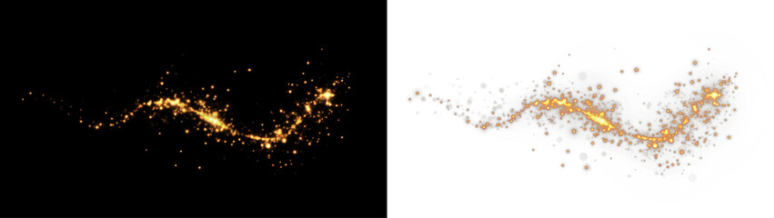 Golden sparkles and shimmering particles swirl gracefully on contrasting black and white backgrounds, creating a captivating visual effect for creative design and artistic projects