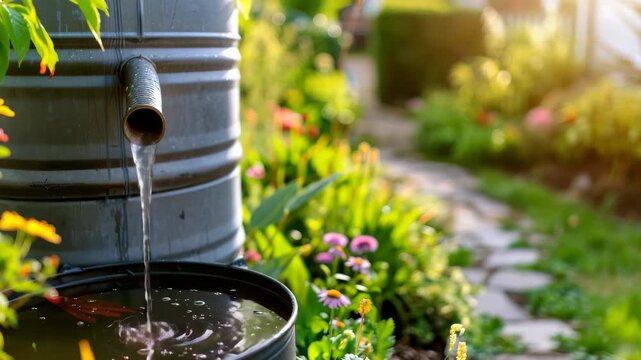Rainwater harvesting barrel in blooming summer garden collecting fresh water eco lifestyle sustainable living environmental responsibility rural scene concept natural resource conservation