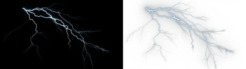 Lightning bolt PNG overlay illustration on black and white backgrounds, showcasing dynamic energy and contrast, ideal for creative design projects and visual storytelling