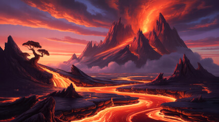 Fiery volcanic eruption with glowing lava river flowing through dramatic mountainous landscape at sunset