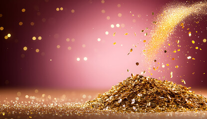 Gold glitter falls gracefully onto shimmering pile of gold dust, creating captivating and luxurious scene against soft pink background