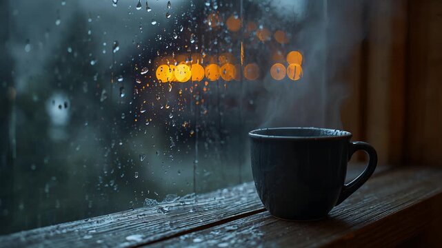 Enjoying a cozy, rainy day while sipping coffee beside the window