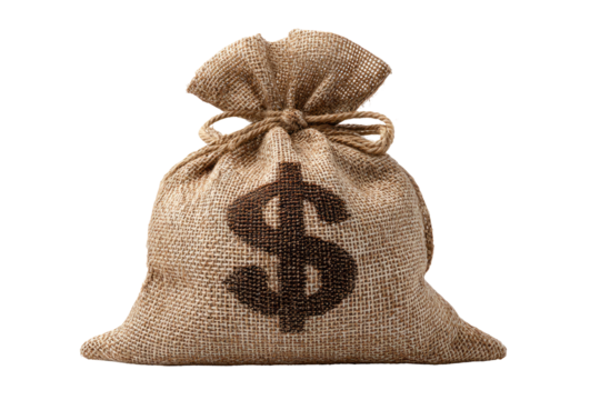 Burlap sack with dollar sign realistic texture on transparent background