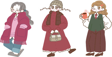 秋冬コーデのファッションの3人の女の子のイラスト