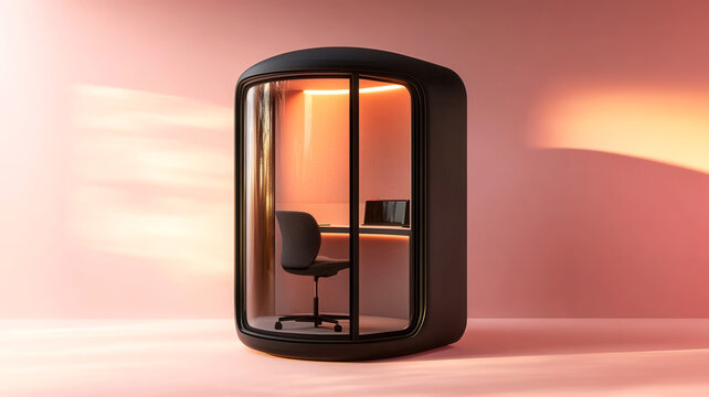 Modern soundproof workspace pod designed for privacy and comfort in a minimalistic office setting. Large banner with copy space.