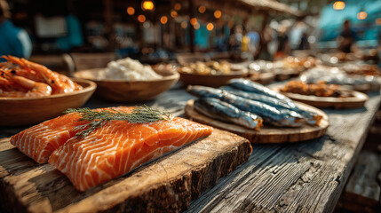 An inviting seafood market stall filled with an array of fresh fish, crustaceans, and vibrant produce, embodying the freshness and variety available in coastal cuisine