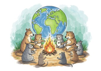 Cute cartoon animals from around the world gather around a campfire with the earth in the background, symbolizing unity and global community