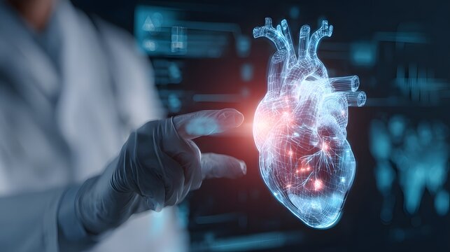 Futuristic medical concept. healthcare professional interacting with a digital hologram of a human heart. The wireframe heart is illuminated with blue and red highlights, surrounded by data charts