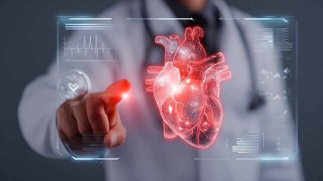 Futuristic medical concept. healthcare professional interacting with a digital hologram of a human heart. The wireframe heart is illuminated with blue and red highlights, surrounded by data charts - Powered by Adobe