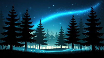 Magical glowing aurora borealis dances over a dark silhouette forest at night