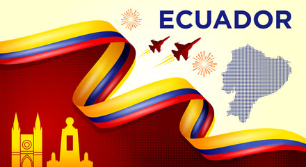 Ecuador Independence Day Banner with Flag Ribbon and Landmarks