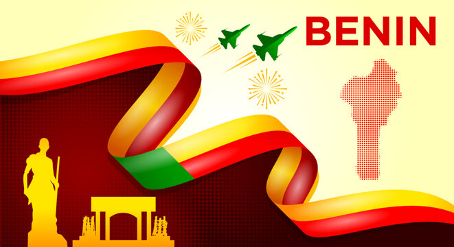 Benin Independence Day Banner with Flag Ribbon and Landmarks