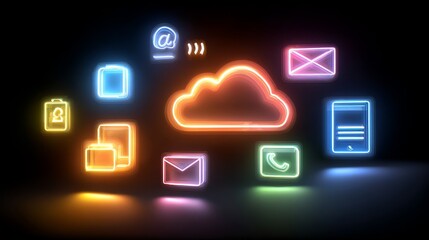 Fototapeta premium Digital Communication Icons in a Cloud, Technology, Neon Style, Abstract Design, Dark Background, Creative Concept