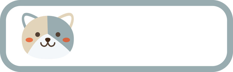 Cute cat character with blank grey banner frame, kawaii kitten vector illustration for school name tag or message board