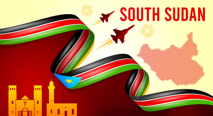 South Sudan Independence Day Banner with Flag Ribbon and Landmarks