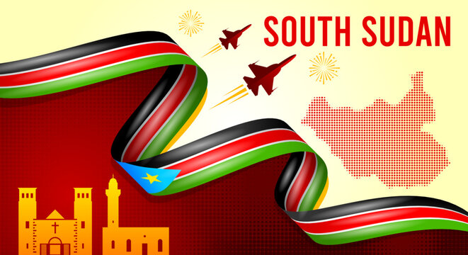 South Sudan Independence Day Banner with Flag Ribbon and Landmarks