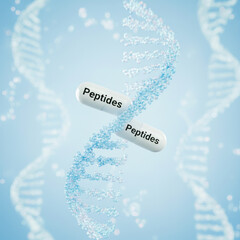 Peptides Capsule Breaking Into DNA Helix On Blue Molecular Background. Concept Of Anti-Aging Supplements, Skin Regeneration, Biotech Innovation, Health Science, And Modern Medical Visuals