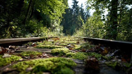 Forest railway tracks covered in moss