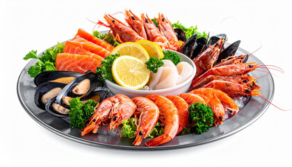 Assorted fresh seafood platter with shrimp, oysters, and mussels on white background